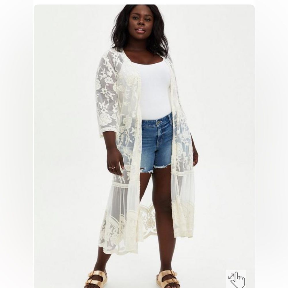 Torrid Embroidered Mesh Kimono off white Lace Open front scalloped sheer plus